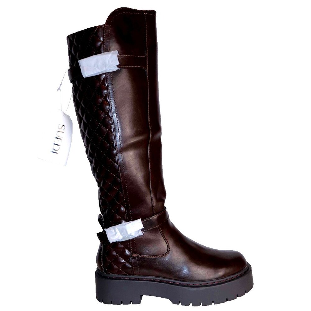 Awesome Suedi Dark Brown Knee High Platform Lug Sole Moto Boot Size 8 NWB - Picture 2 of 7